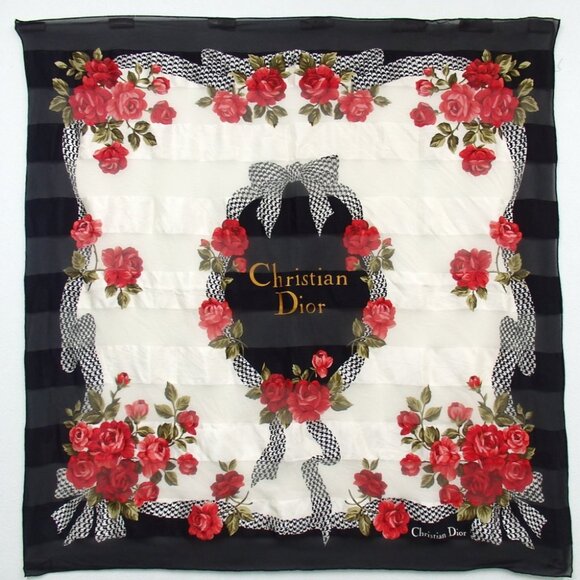 Authentic Christian Dior Rose pattern scarf silk [Used] - Picture 1 of 6